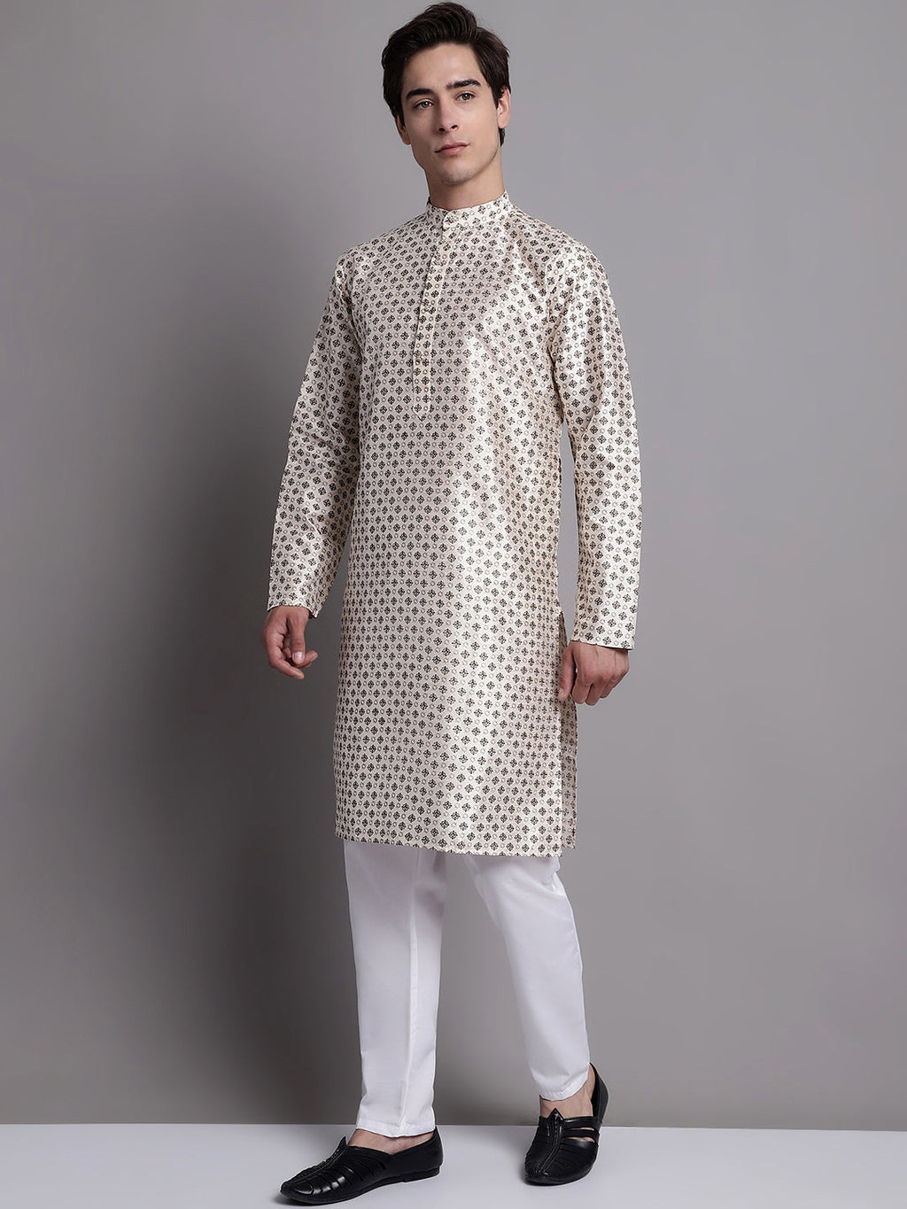 Jompers Men's Grey Printed Silk Blend Kurta Payjama | Grocsy