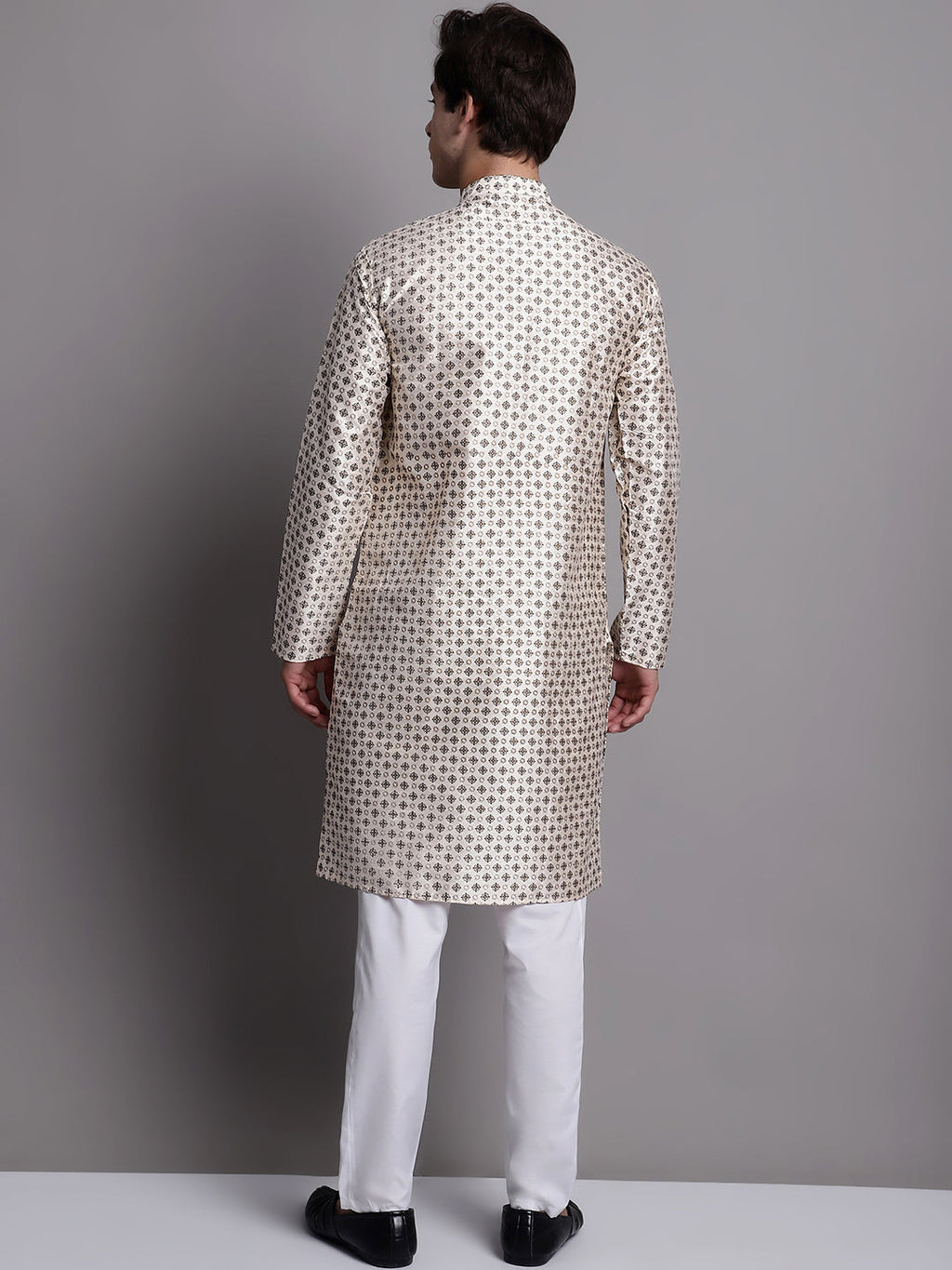 Jompers Men's Grey Printed Silk Blend Kurta Payjama | Grocsy