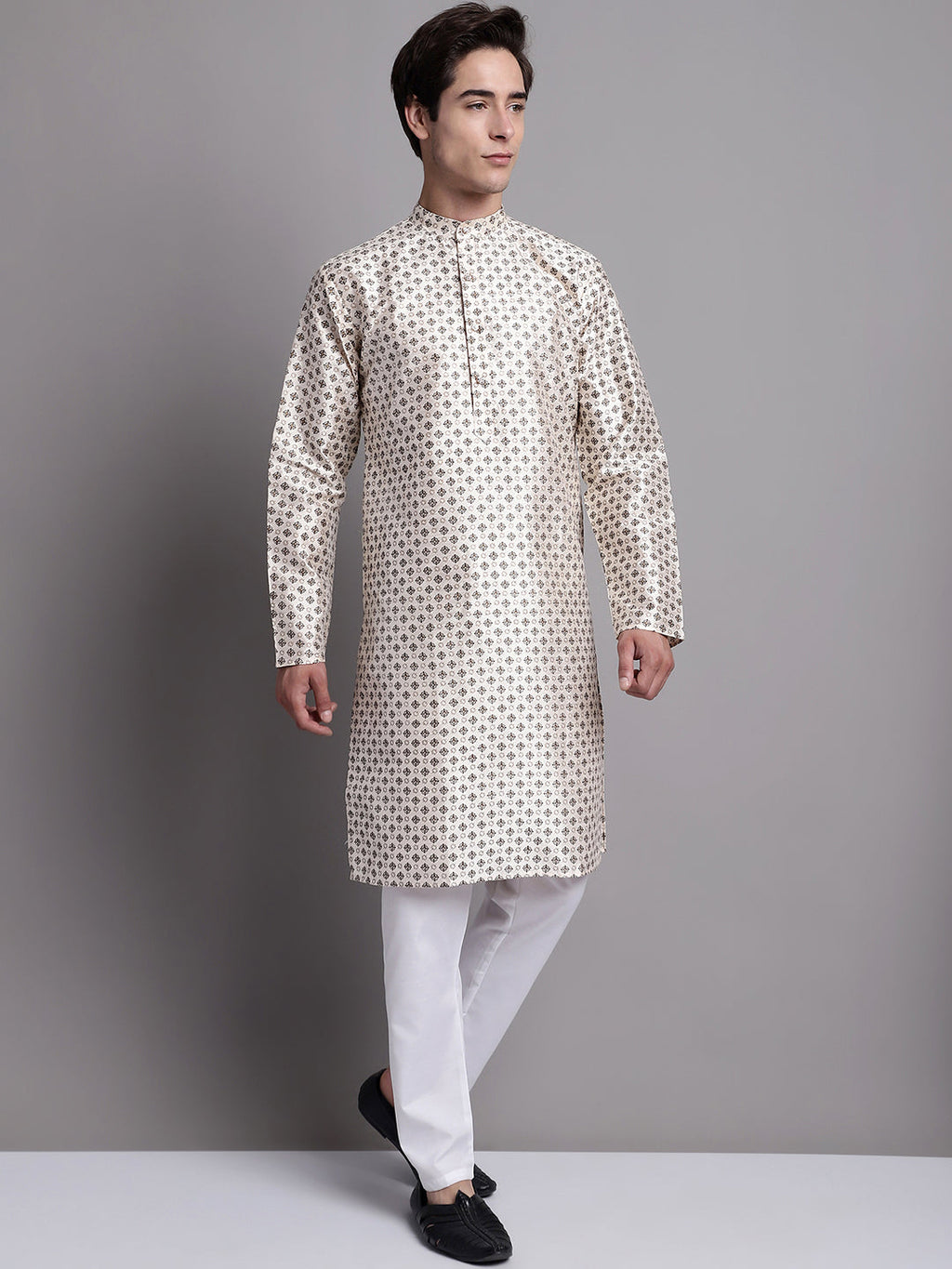 Jompers Men's Grey Printed Silk Blend Kurta Payjama | Grocsy