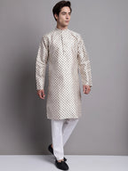 Jompers Men's Grey Printed Silk Blend Kurta Payjama | Grocsy