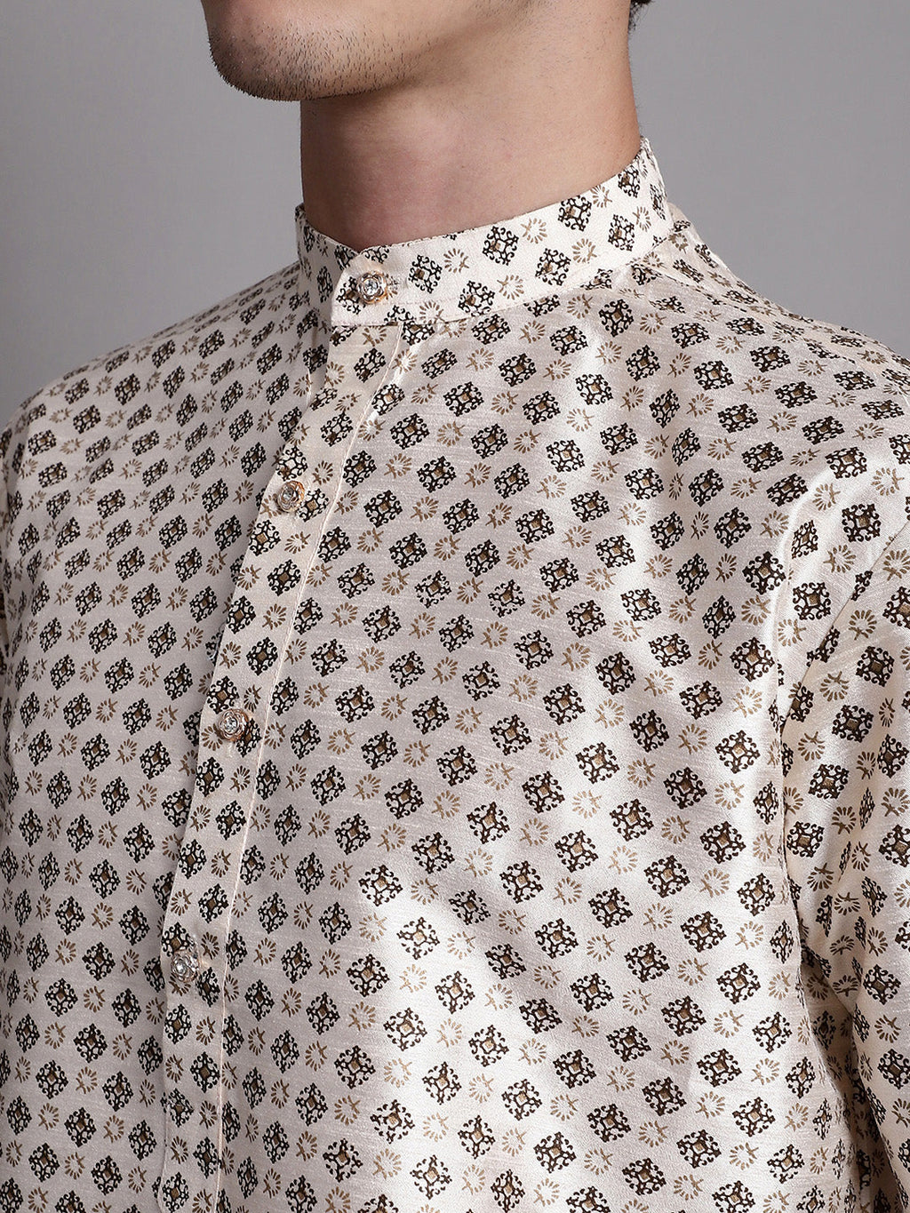 Jompers Men's Grey Printed Silk Blend Kurta Payjama | Grocsy