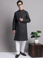 Jompers Men's Black Printed Pure Cotton Kurta Payjama Set | Grocsy
