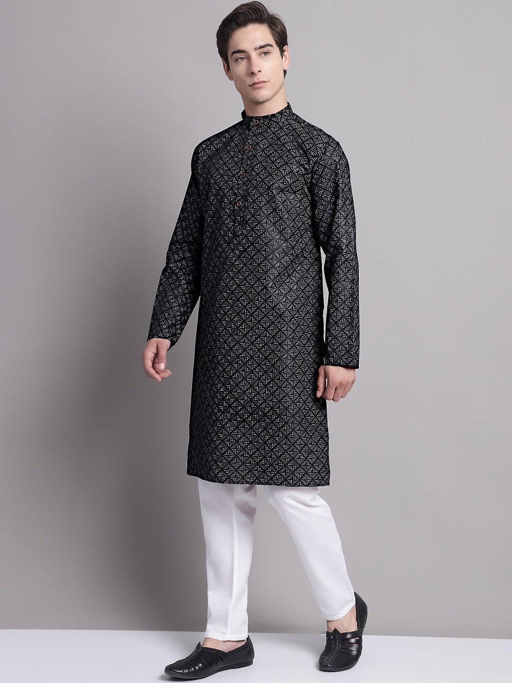 Jompers Men's Black Printed Pure Cotton Kurta Payjama Set | Grocsy