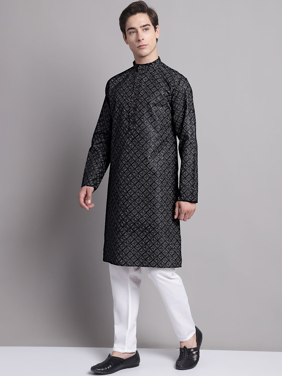 Jompers Men's Black Printed Pure Cotton Kurta Payjama Set | Grocsy