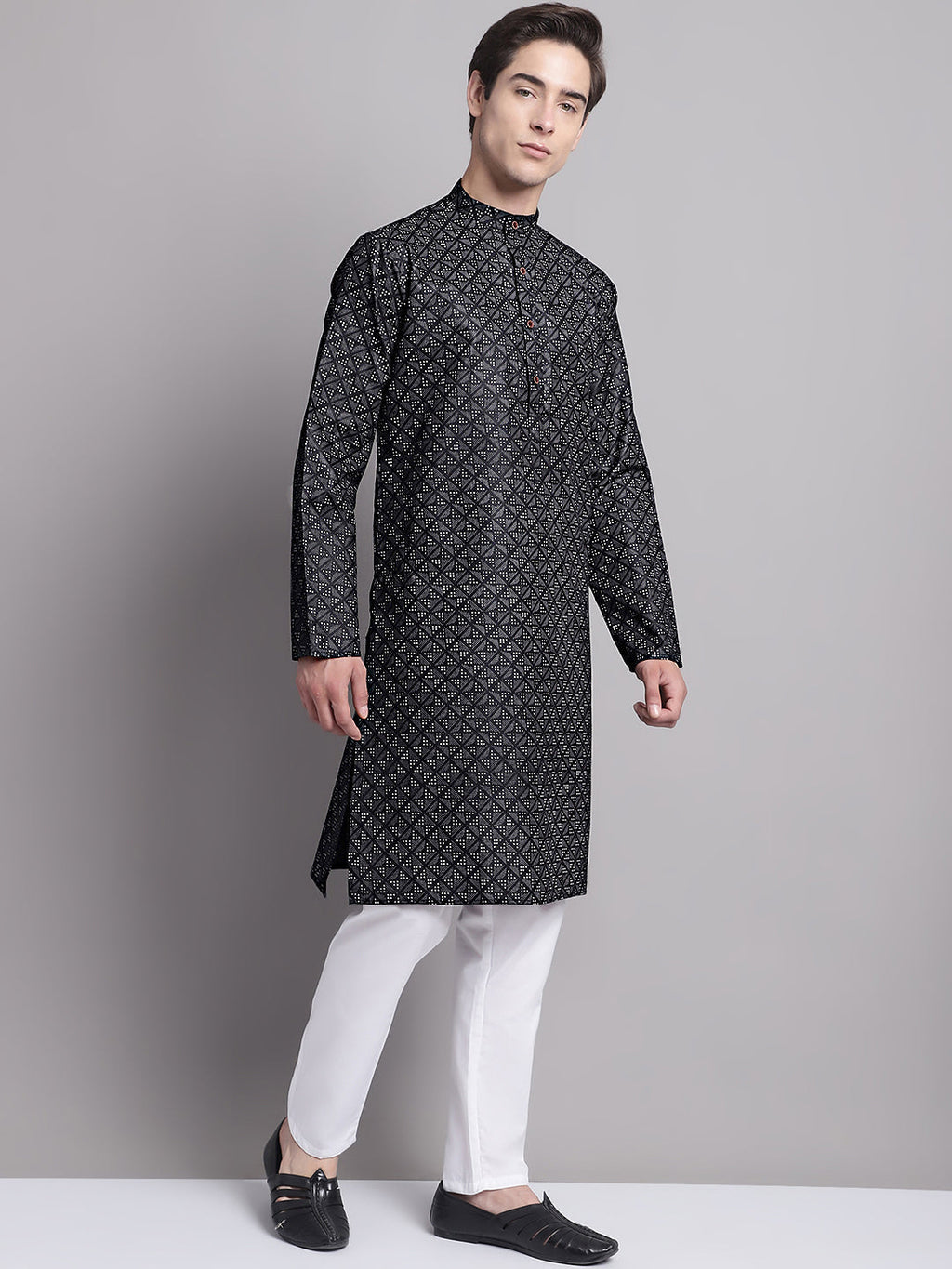 Jompers Men's Black Printed Pure Cotton Kurta Payjama Set | Grocsy