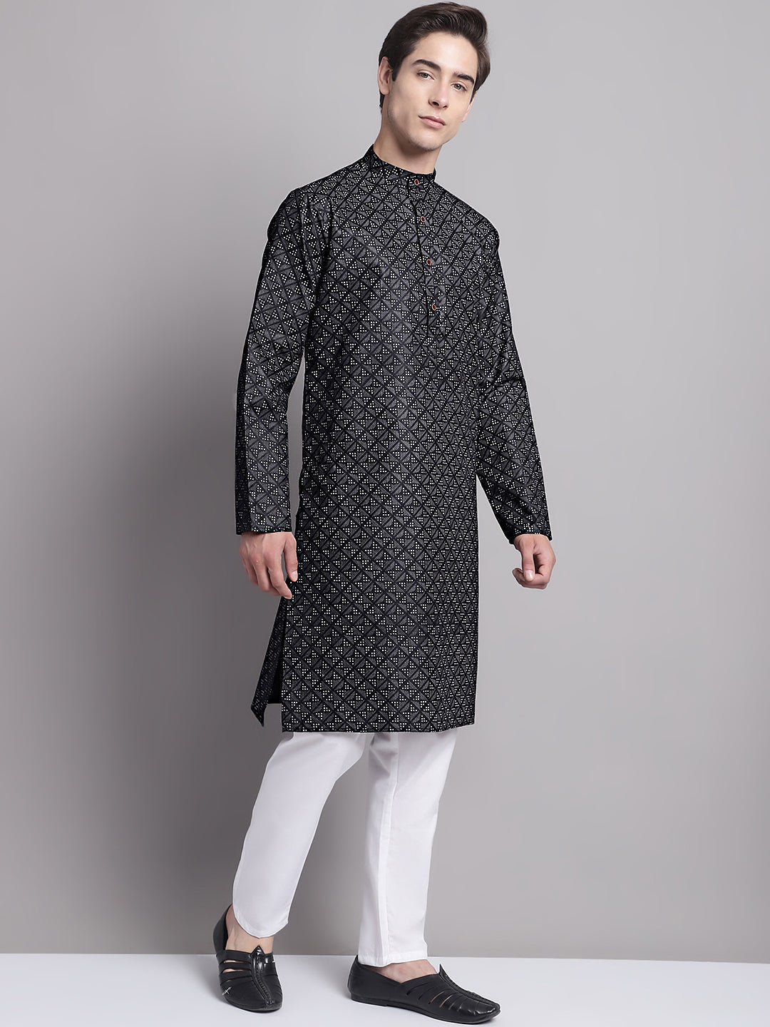 Jompers Men's Black Printed Pure Cotton Kurta Payjama Set | Grocsy