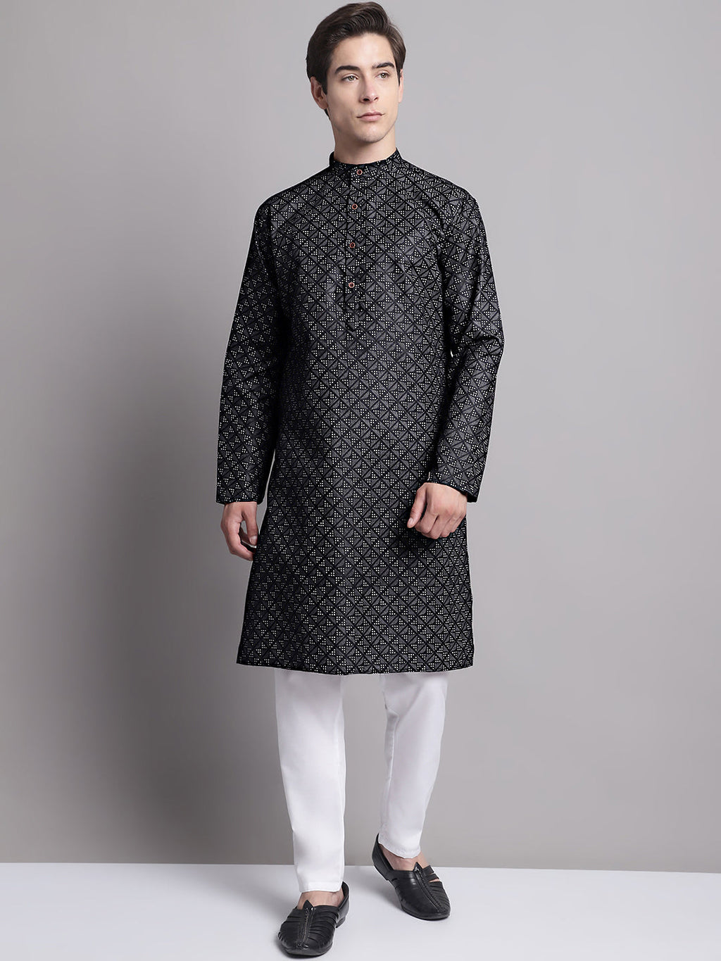 Jompers Men's Black Printed Pure Cotton Kurta Payjama Set | Grocsy