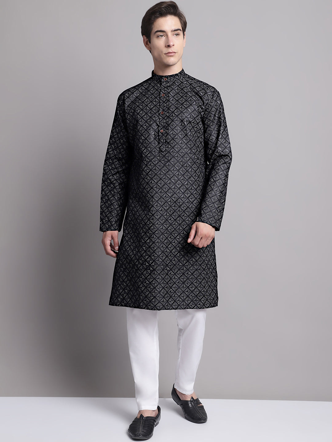 Jompers Men's Black Printed Pure Cotton Kurta Payjama Set | Grocsy