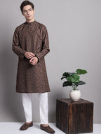Jompers Men's Coffee Brown Printed Pure Cotton Kurta Payjama Set | Grocsy