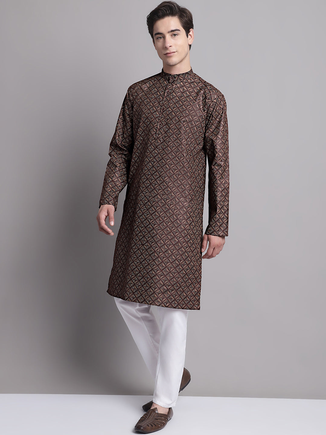 Jompers Men's Coffee Brown Printed Pure Cotton Kurta Payjama Set | Grocsy