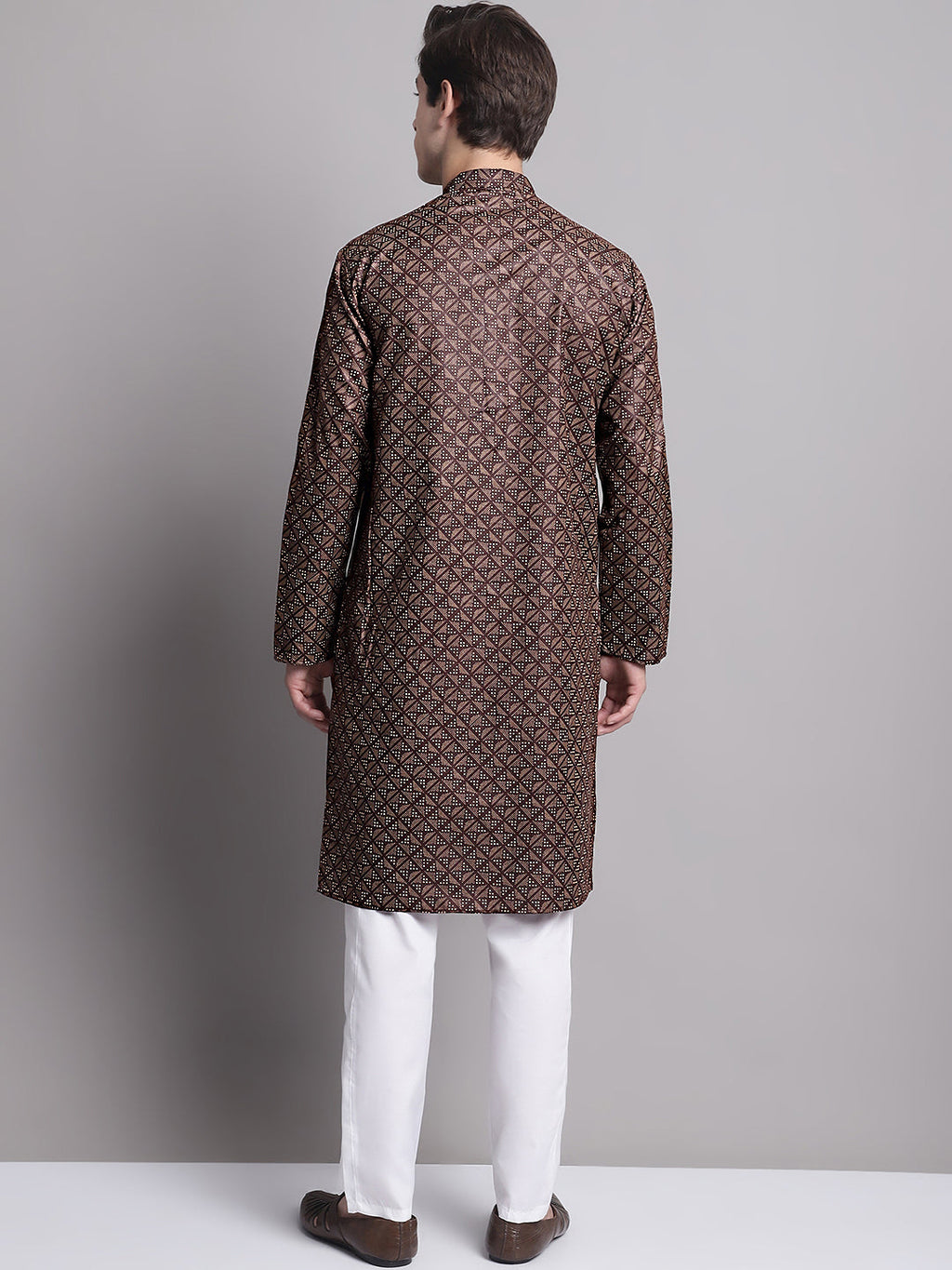 Jompers Men's Coffee Brown Printed Pure Cotton Kurta Payjama Set | Grocsy