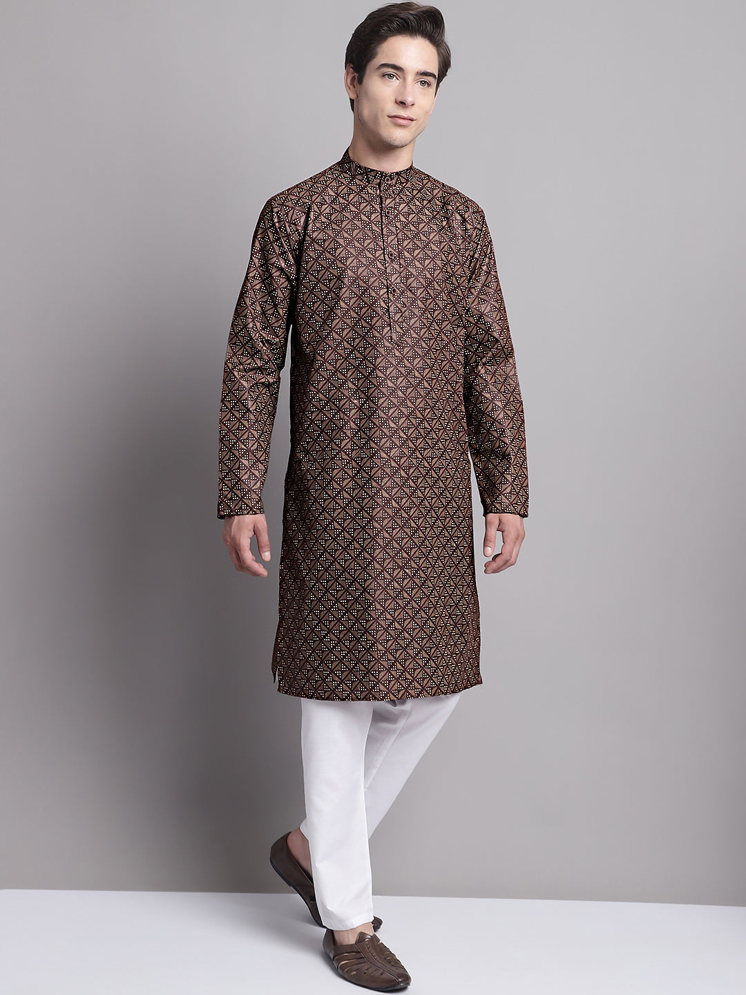 Jompers Men's Coffee Brown Printed Pure Cotton Kurta Payjama Set | Grocsy