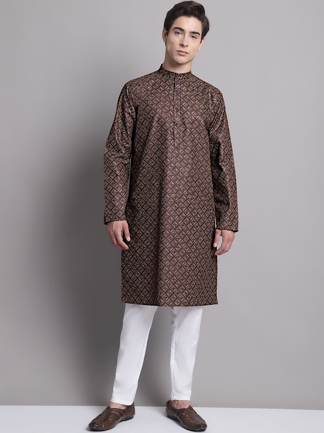 Jompers Men's Coffee Brown Printed Pure Cotton Kurta Payjama Set | Grocsy