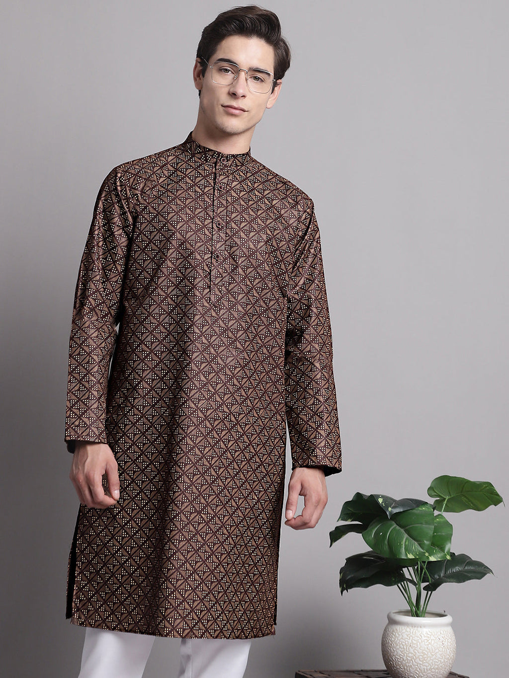 Jompers Men's Coffee Brown Printed Pure Cotton Kurta Payjama Set | Grocsy