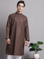 Jompers Men's Coffee Brown Printed Pure Cotton Kurta Payjama Set | Grocsy