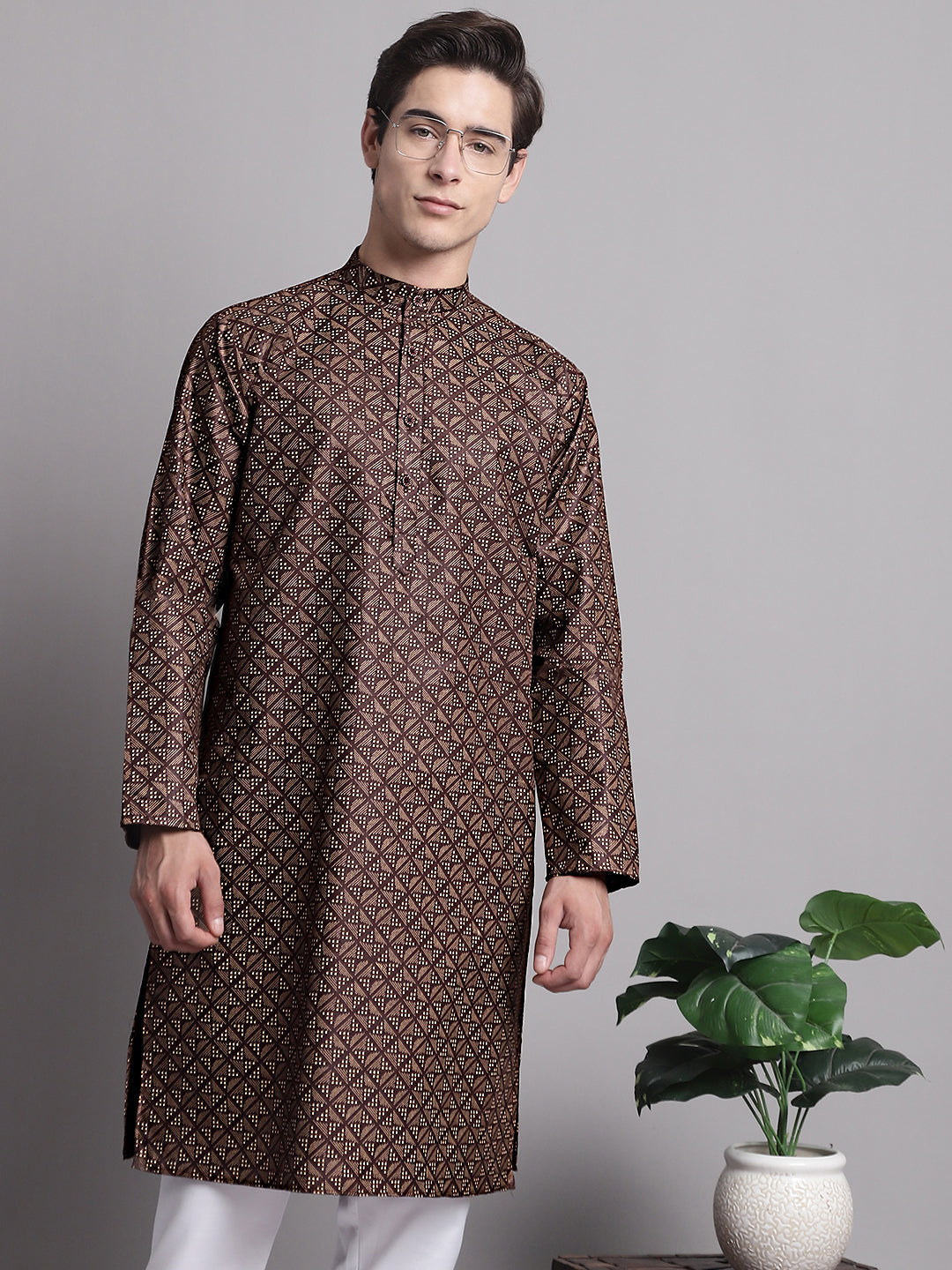 Jompers Men's Coffee Brown Printed Pure Cotton Kurta Payjama Set | Grocsy