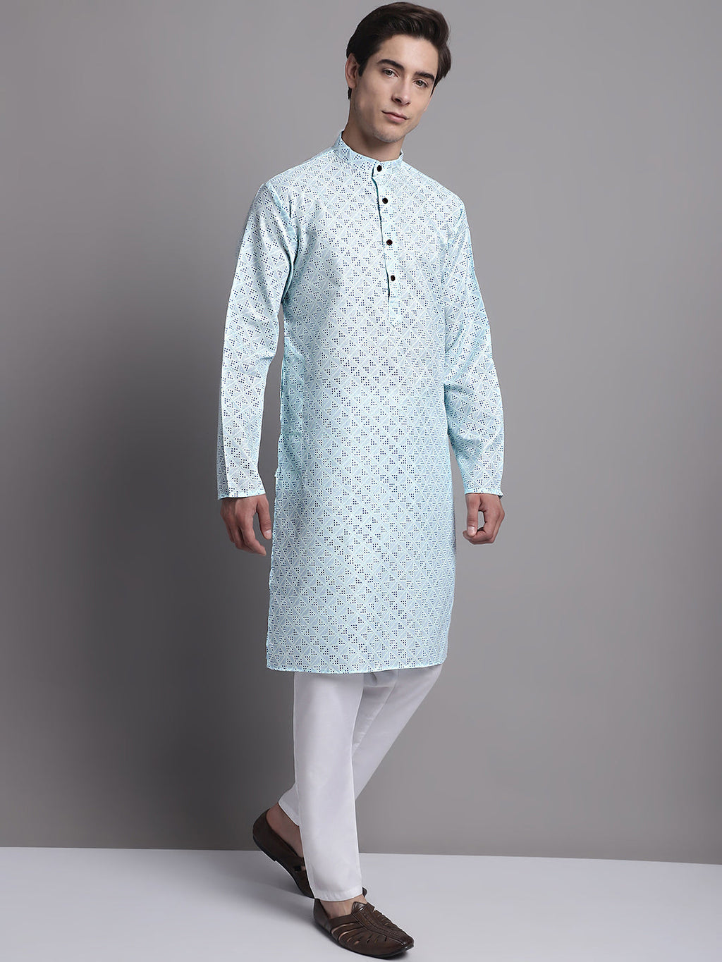 Jompers Men's Sky Blue Printed Pure Cotton Kurta Payjama Set | Grocsy