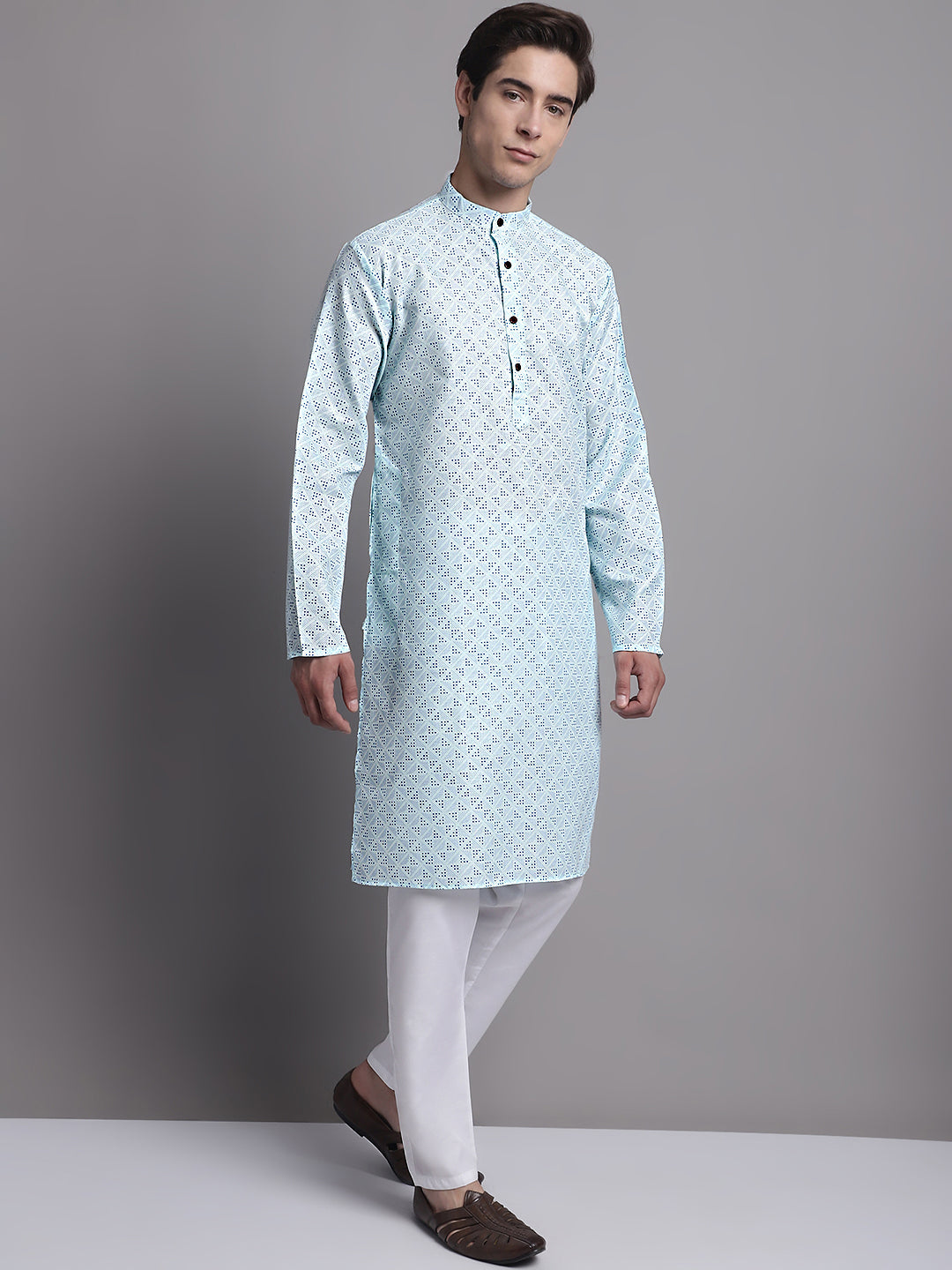 Jompers Men's Sky Blue Printed Pure Cotton Kurta Payjama Set | Grocsy