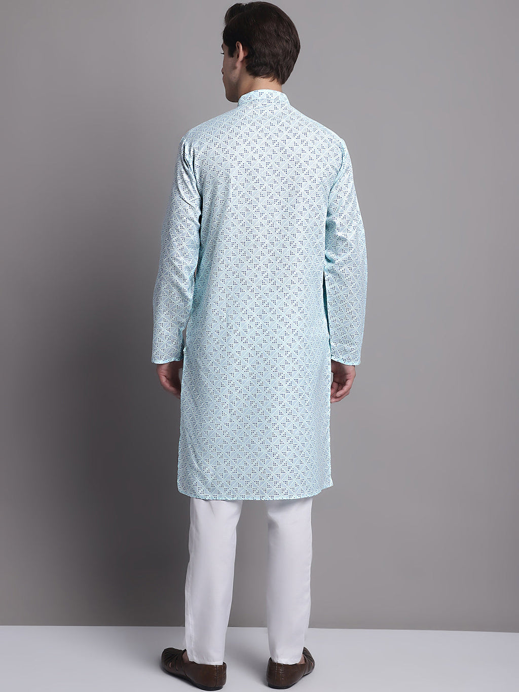 Jompers Men's Sky Blue Printed Pure Cotton Kurta Payjama Set | Grocsy