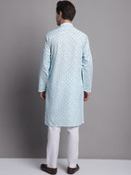 Jompers Men's Sky Blue Printed Pure Cotton Kurta Payjama Set | Grocsy