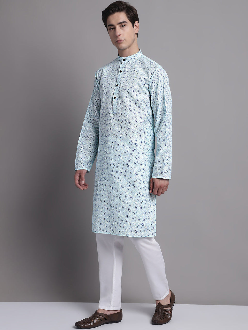 Jompers Men's Sky Blue Printed Pure Cotton Kurta Payjama Set | Grocsy