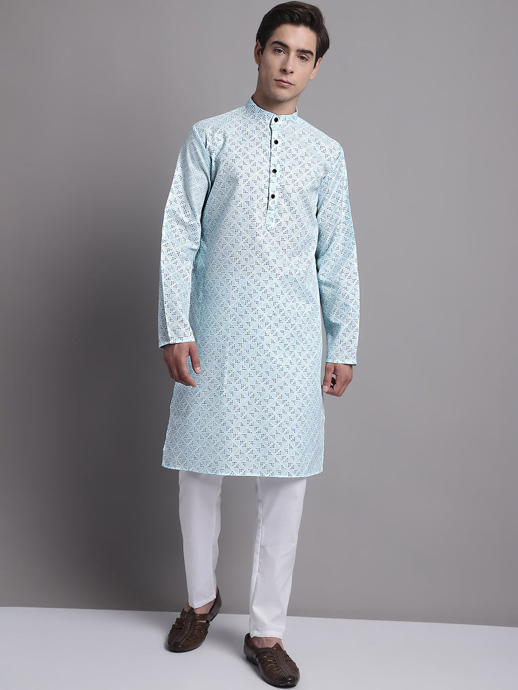 Jompers Men's Sky Blue Printed Pure Cotton Kurta Payjama Set | Grocsy