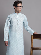 Jompers Men's Sky Blue Printed Pure Cotton Kurta Payjama Set | Grocsy
