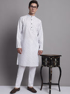 Jompers Men's White Printed Pure Cotton Kurta Payjama Set | Grocsy