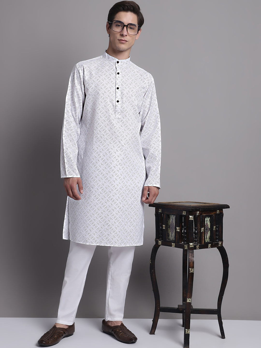 Jompers Men's White Printed Pure Cotton Kurta Payjama Set | Grocsy