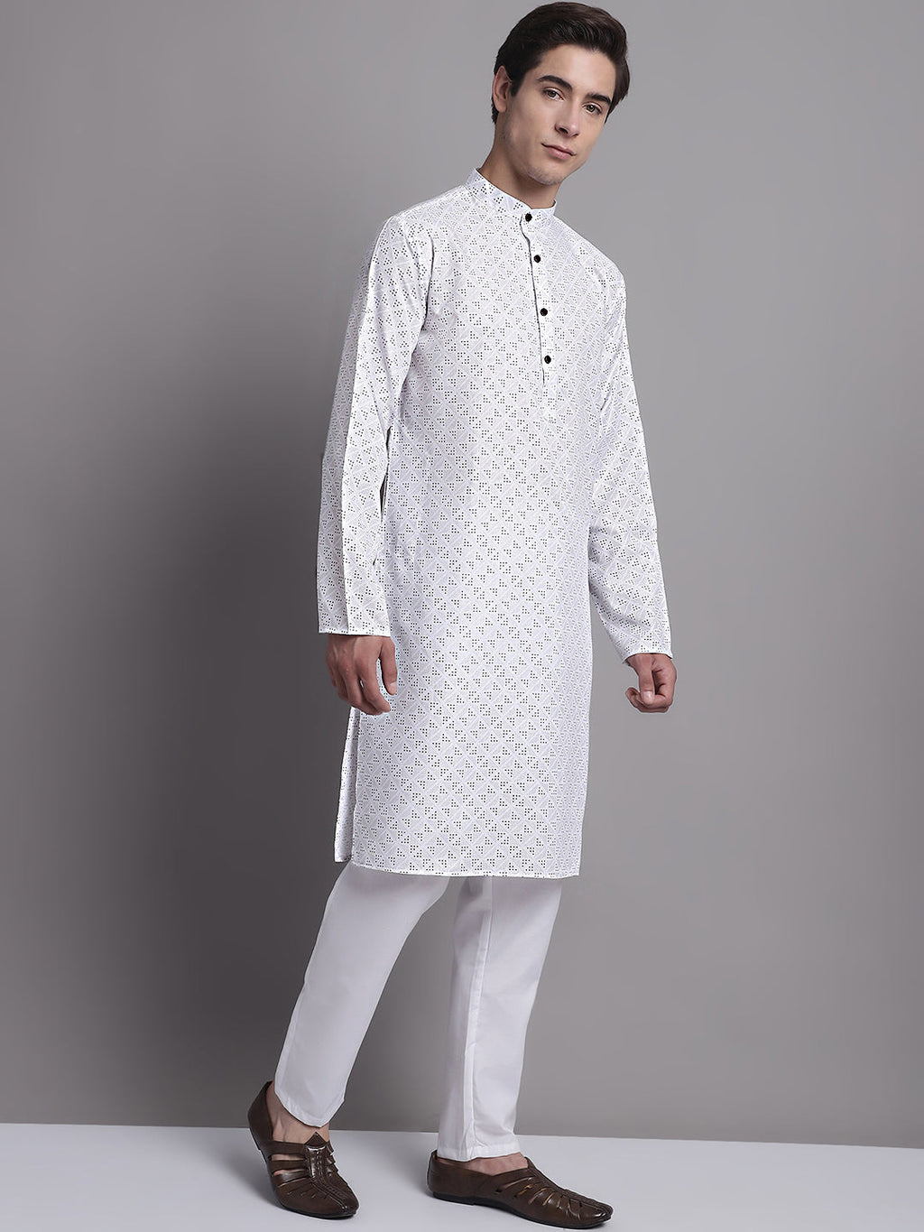 Jompers Men's White Printed Pure Cotton Kurta Payjama Set | Grocsy