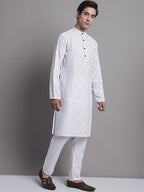 Jompers Men's White Printed Pure Cotton Kurta Payjama Set | Grocsy
