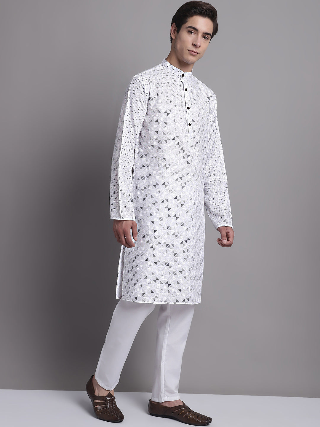 Jompers Men's White Printed Pure Cotton Kurta Payjama Set | Grocsy