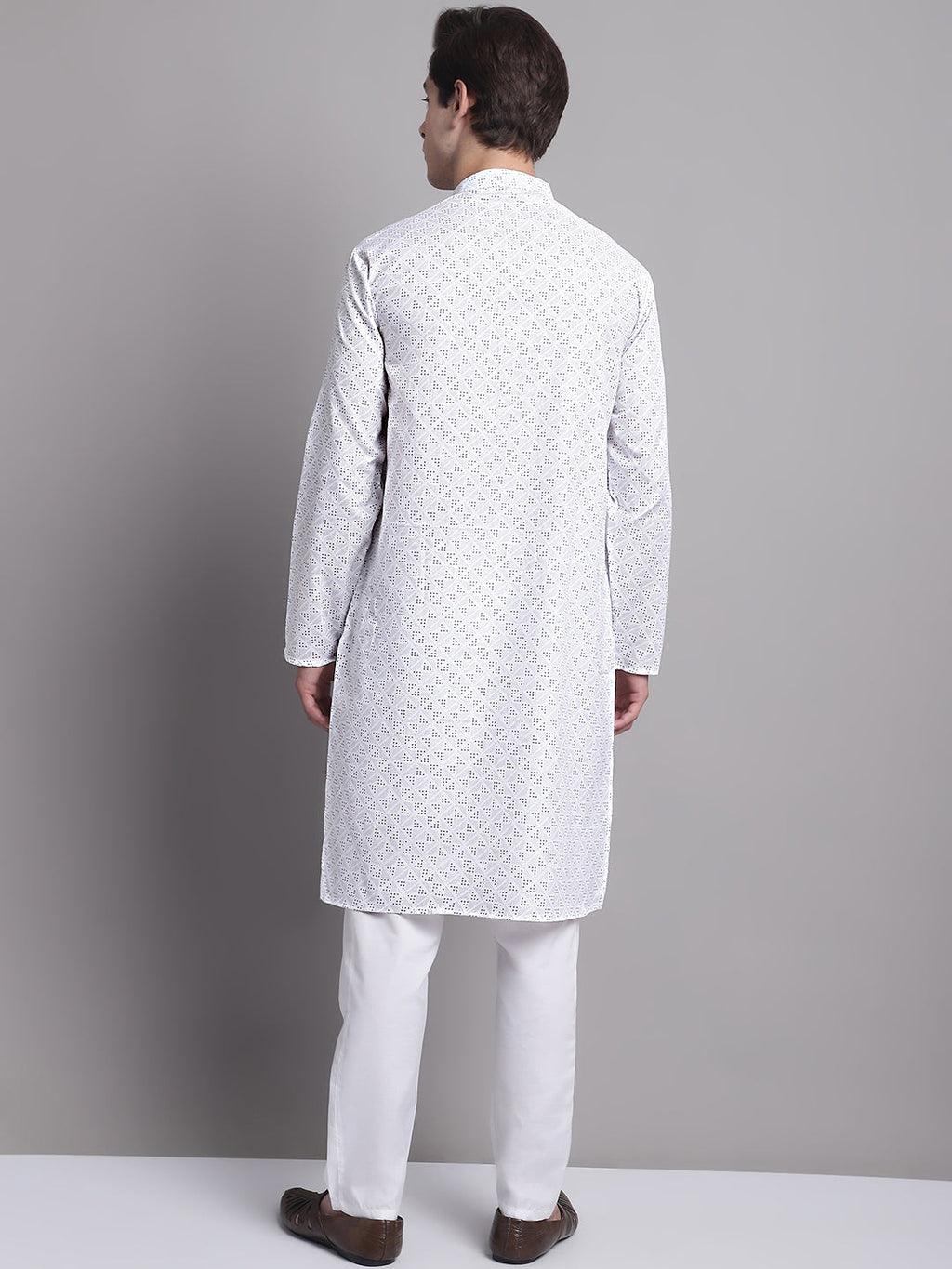 Jompers Men's White Printed Pure Cotton Kurta Payjama Set | Grocsy