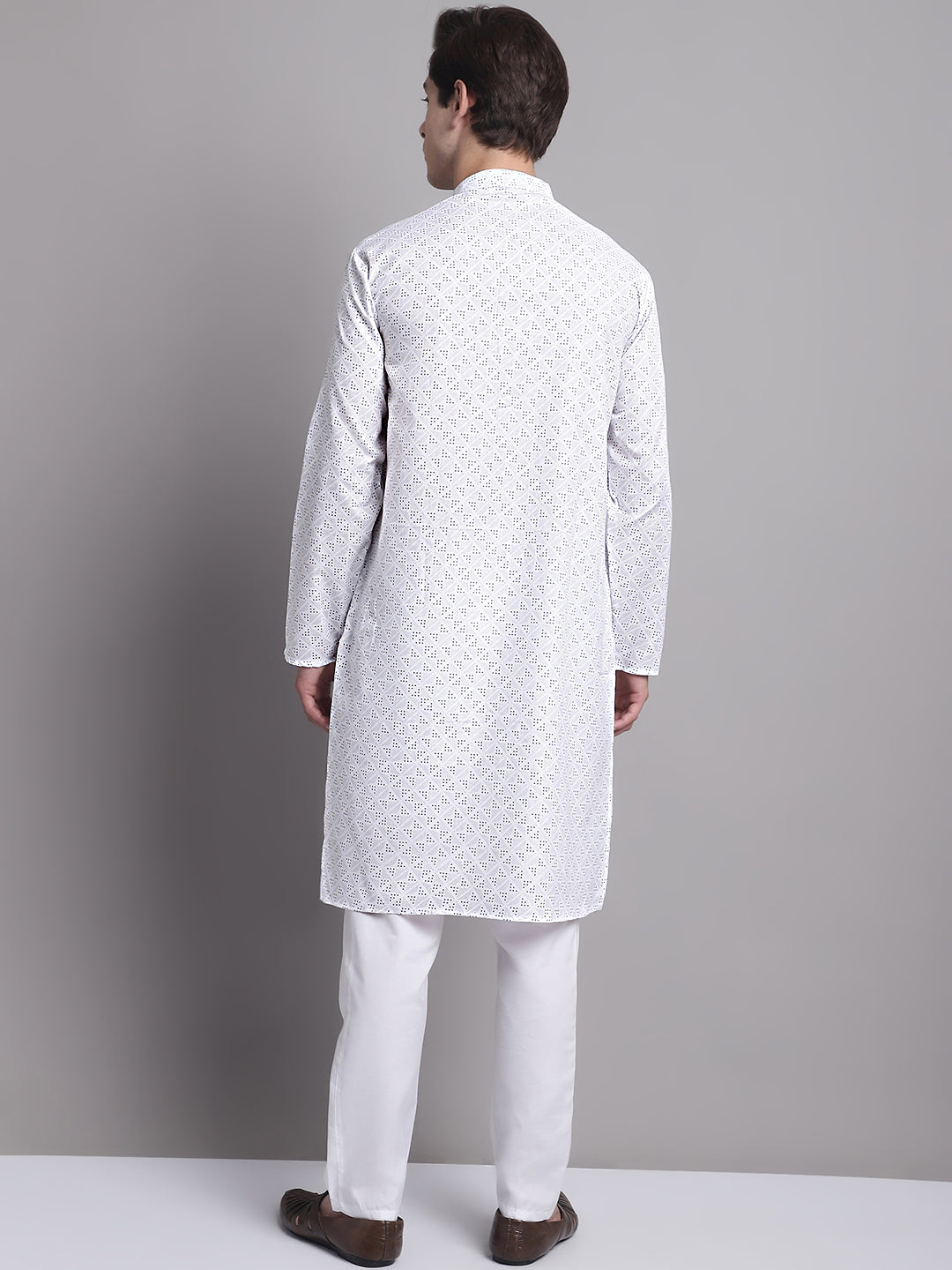 Jompers Men's White Printed Pure Cotton Kurta Payjama Set | Grocsy