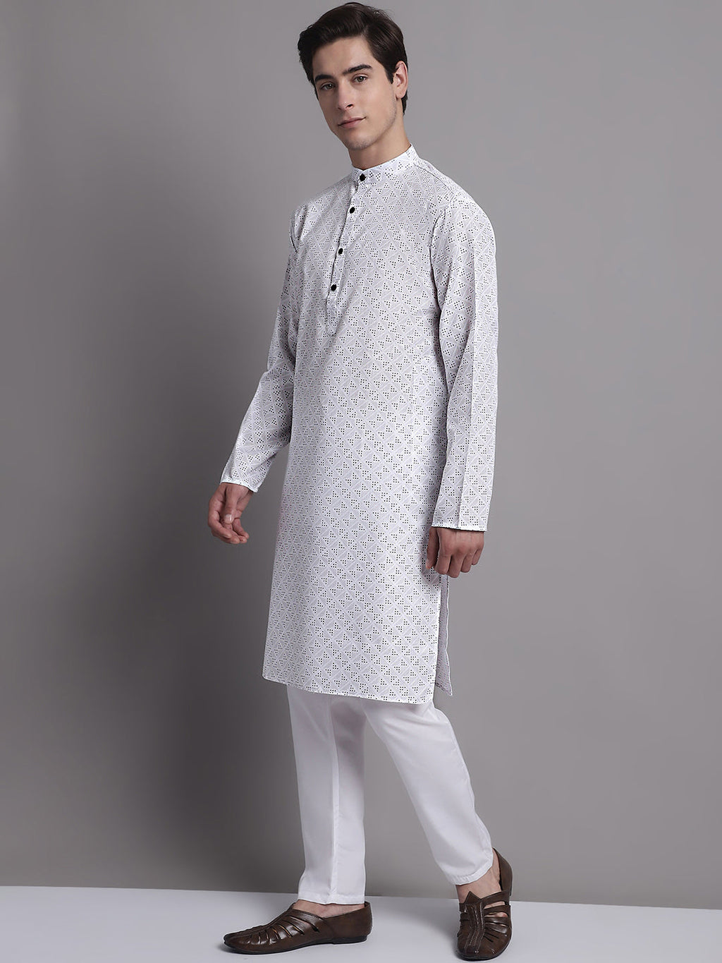 Jompers Men's White Printed Pure Cotton Kurta Payjama Set | Grocsy