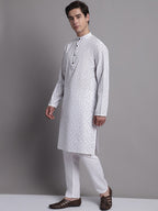 Jompers Men's White Printed Pure Cotton Kurta Payjama Set | Grocsy