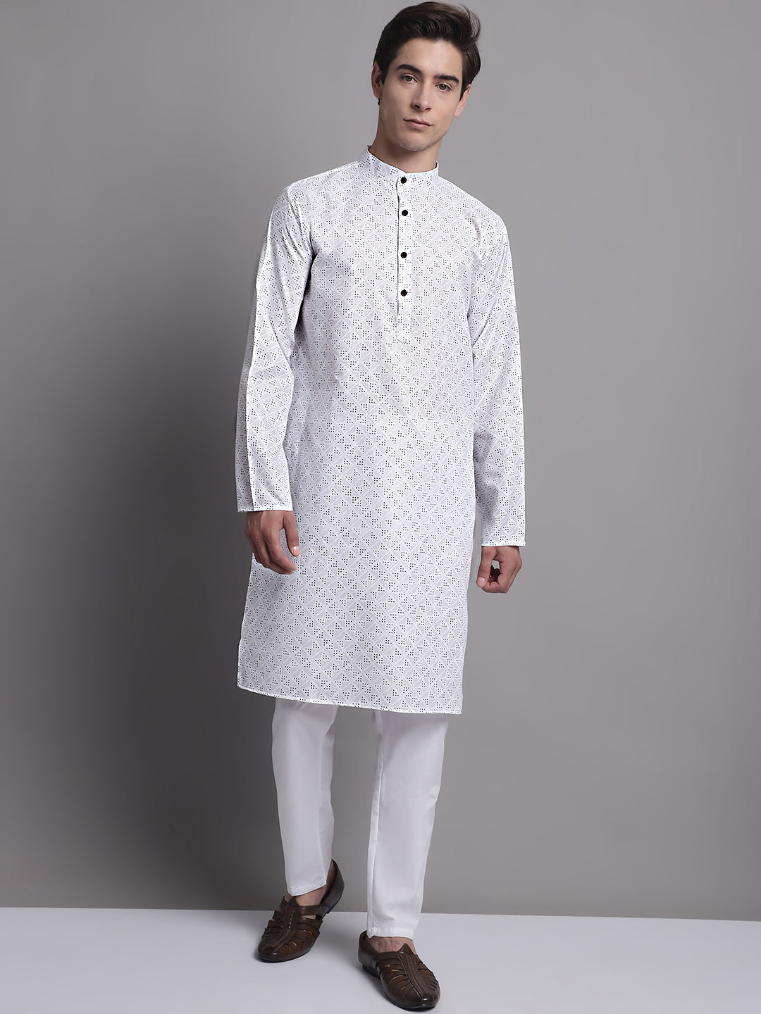 Jompers Men's White Printed Pure Cotton Kurta Payjama Set | Grocsy