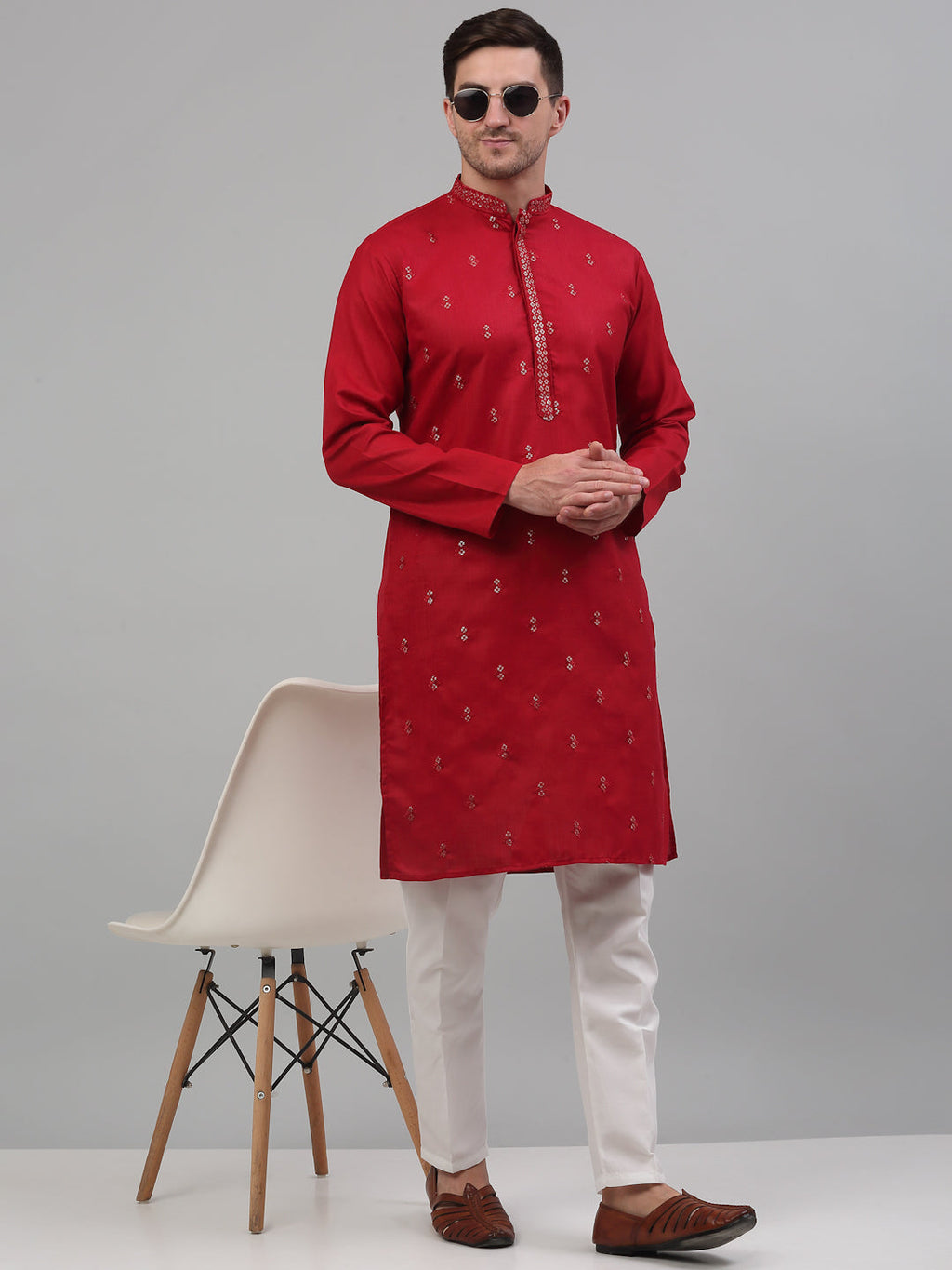 Jompers Men's Maroon Embroidered Straight Kurta Pyjama Set | Grocsy