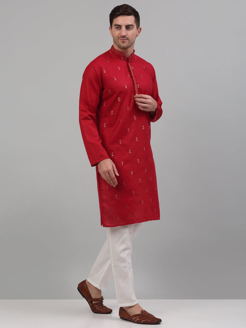 Jompers Men's Maroon Embroidered Straight Kurta Pyjama Set | Grocsy