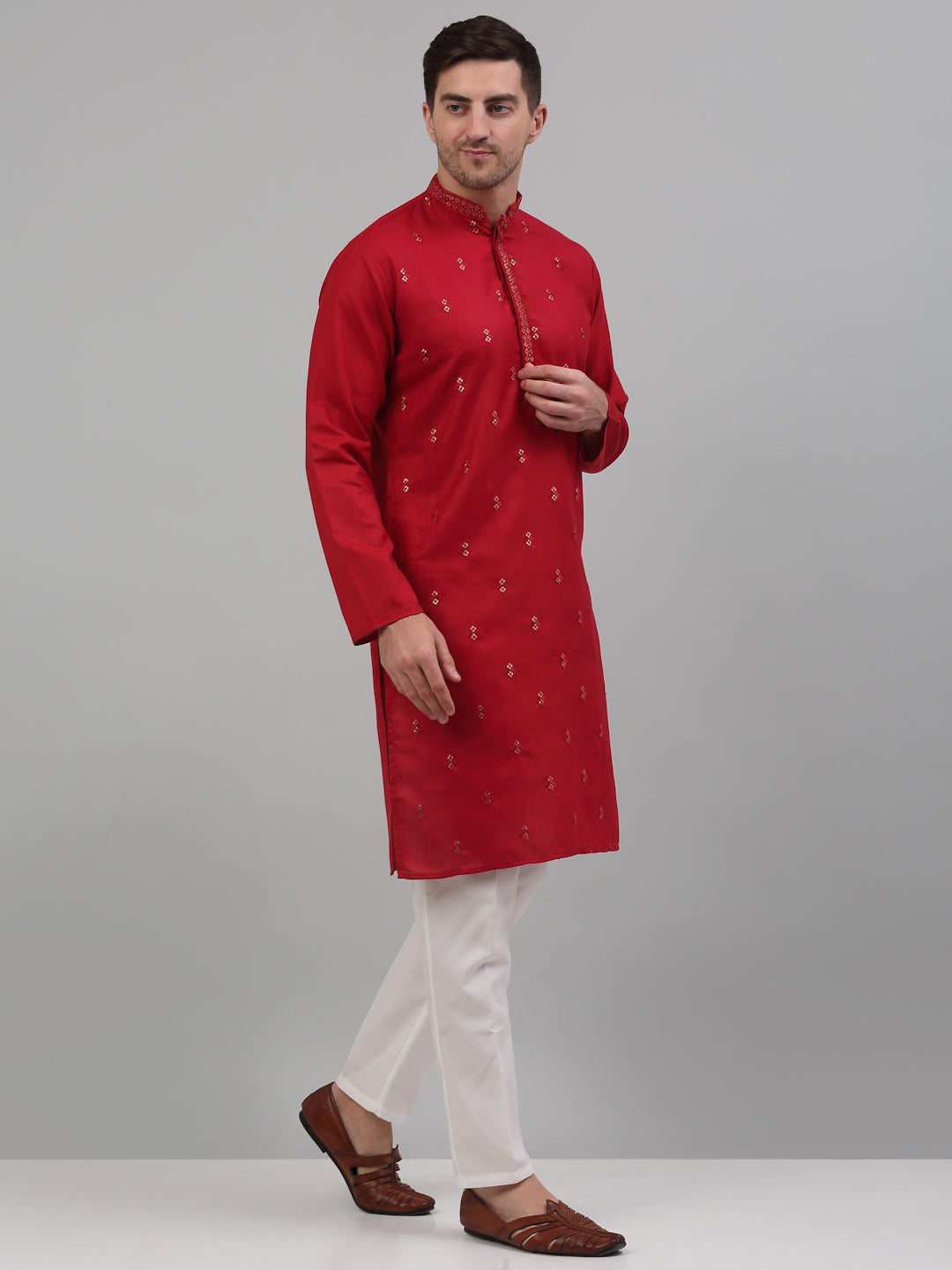 Jompers Men's Maroon Embroidered Straight Kurta Pyjama Set | Grocsy