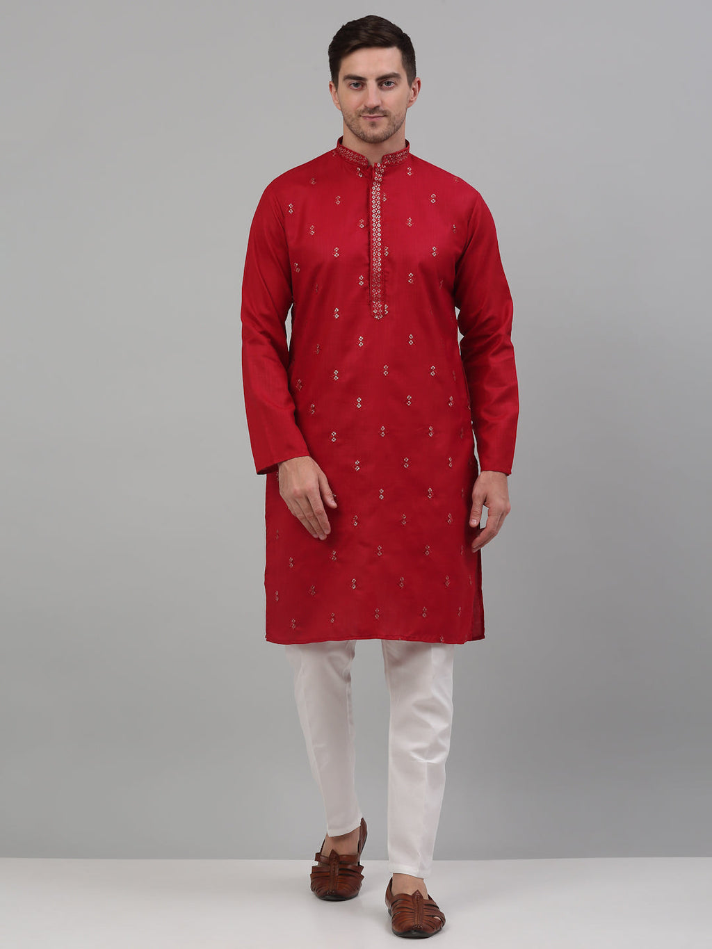 Jompers Men's Maroon Embroidered Straight Kurta Pyjama Set | Grocsy