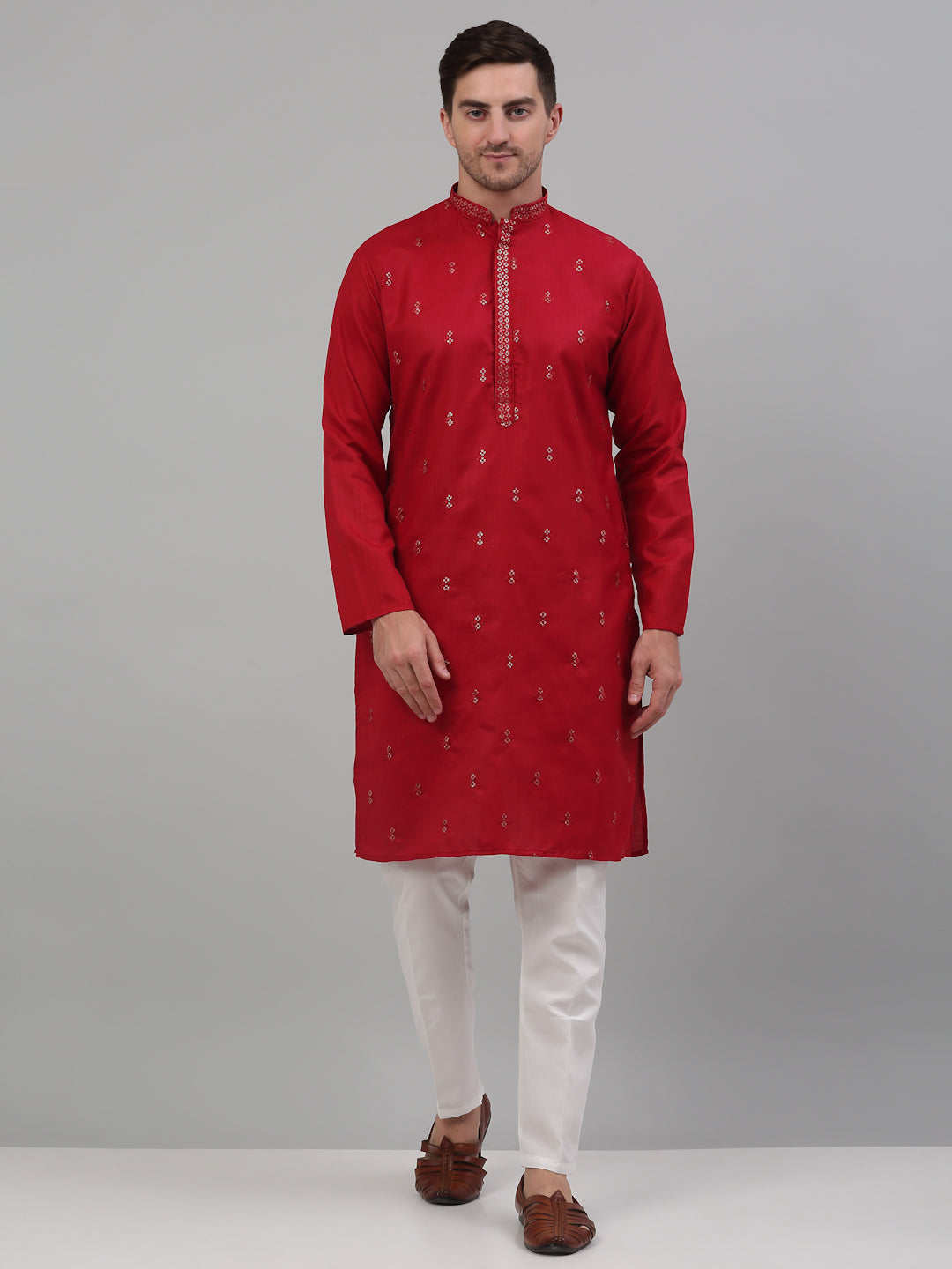 Jompers Men's Maroon Embroidered Straight Kurta Pyjama Set | Grocsy