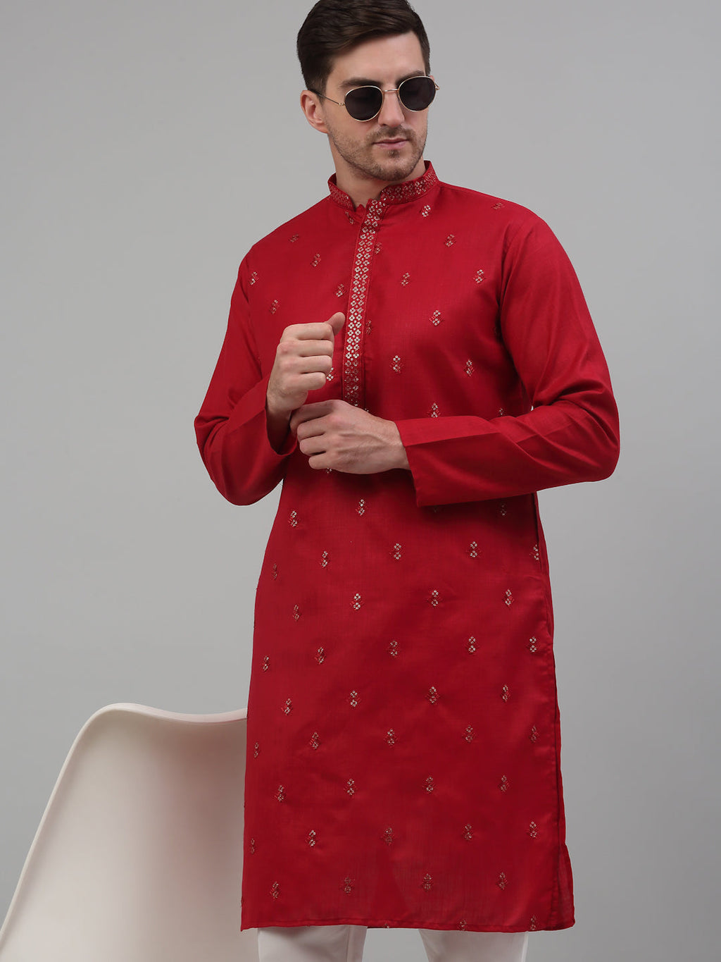 Jompers Men's Maroon Embroidered Straight Kurta Pyjama Set | Grocsy