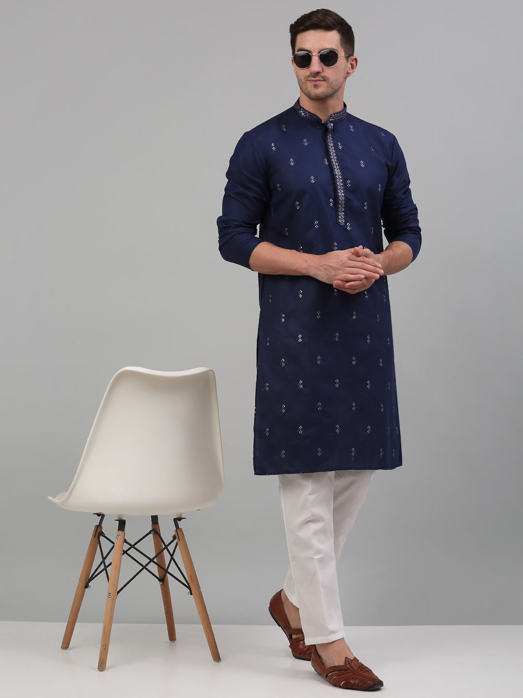 Jompers Men's Navy Blue Embroidered Straight Kurta Pyjama Set | Grocsy