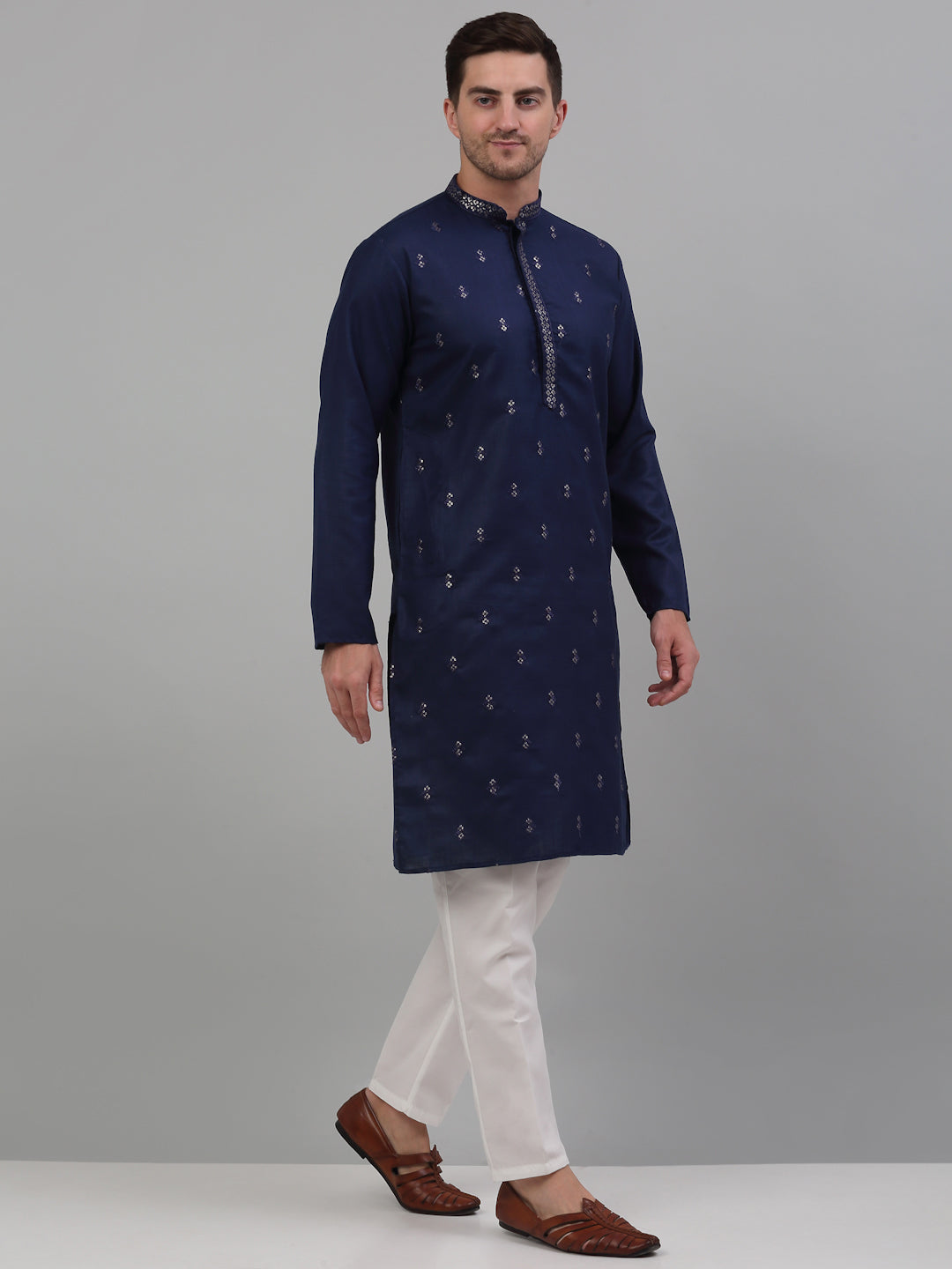 Jompers Men's Navy Blue Embroidered Straight Kurta Pyjama Set | Grocsy