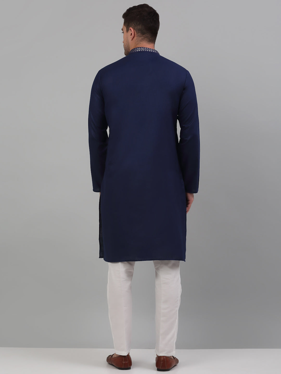 Jompers Men's Navy Blue Embroidered Straight Kurta Pyjama Set | Grocsy