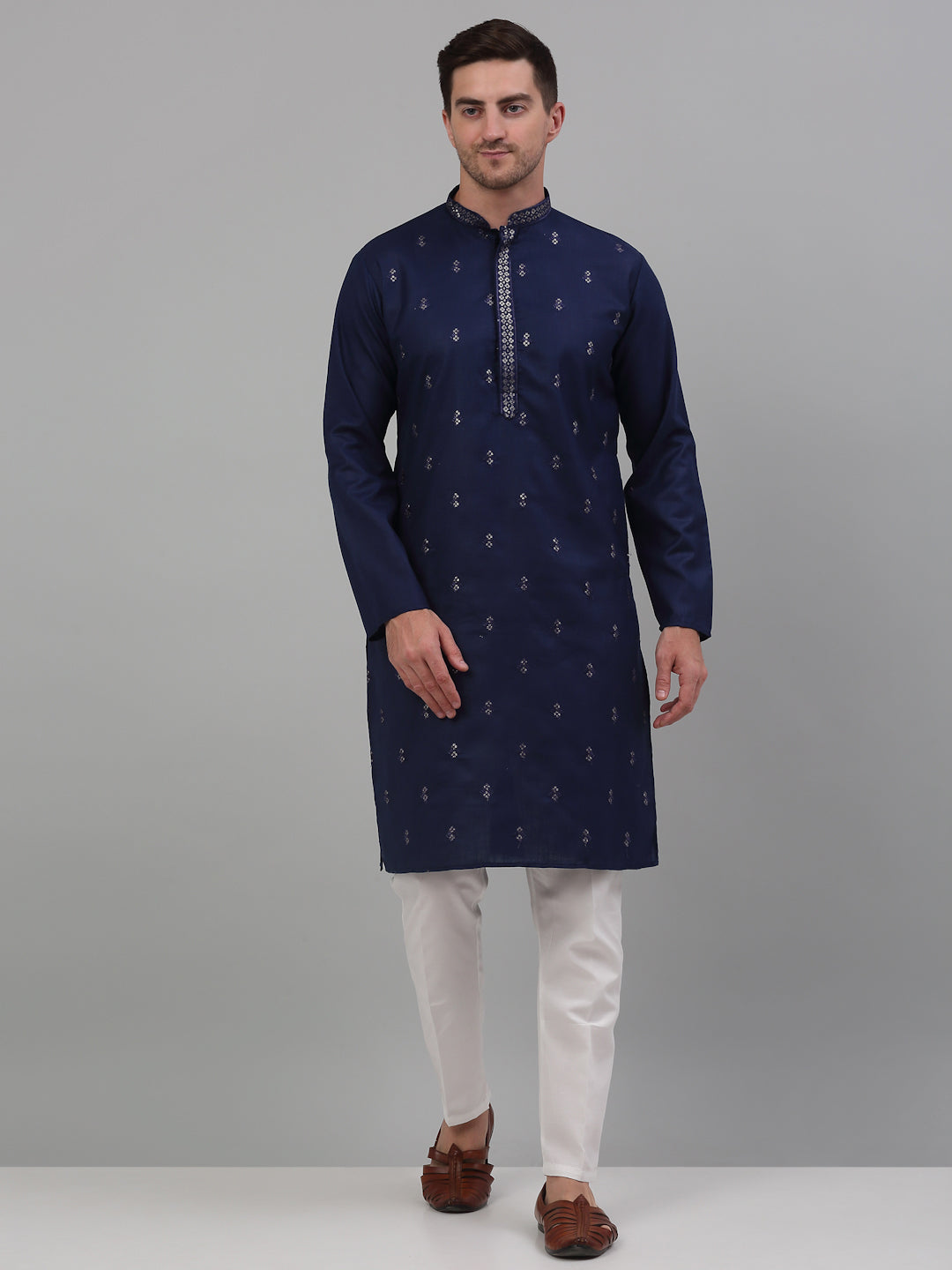 Jompers Men's Navy Blue Embroidered Straight Kurta Pyjama Set | Grocsy