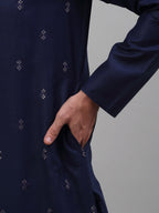Jompers Men's Navy Blue Embroidered Straight Kurta Pyjama Set | Grocsy