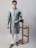 Jompers Men's Grey Collar Embroidered Silk Jacquard Kurta Pyjama | Grocsy