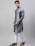 Jompers Men's Grey Collar Embroidered Silk Jacquard Kurta Pyjama | Grocsy